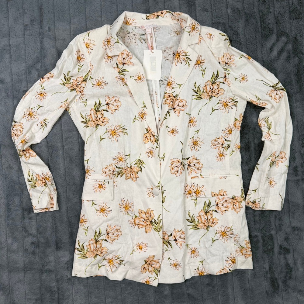 Gianni Bini Floral Linen Blend Blazer White Peach Yellow Size M GB3040XEP